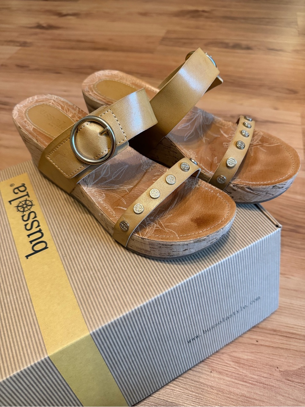 bussola Gold-Tan Studded Wedge Slide Sandals